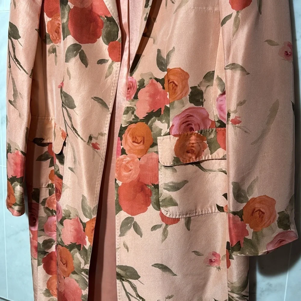 Anne Klein Statement Floral Pink 100% Silk  Long Blazer size 8